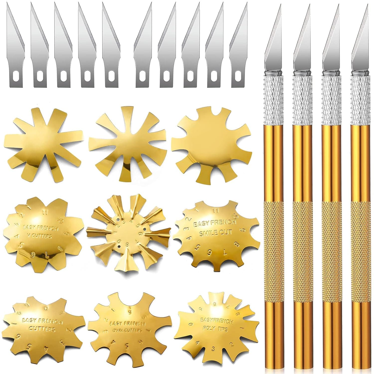 9 Pieces French Nail Trimmer Smile Line Cutter Edge Manicure Stainless Steel French Tip Cutters DIY Plate Module and 4 Handles French Tip Cutting Knife with 10 Pieces Spare Blades for Nail Art, Gold