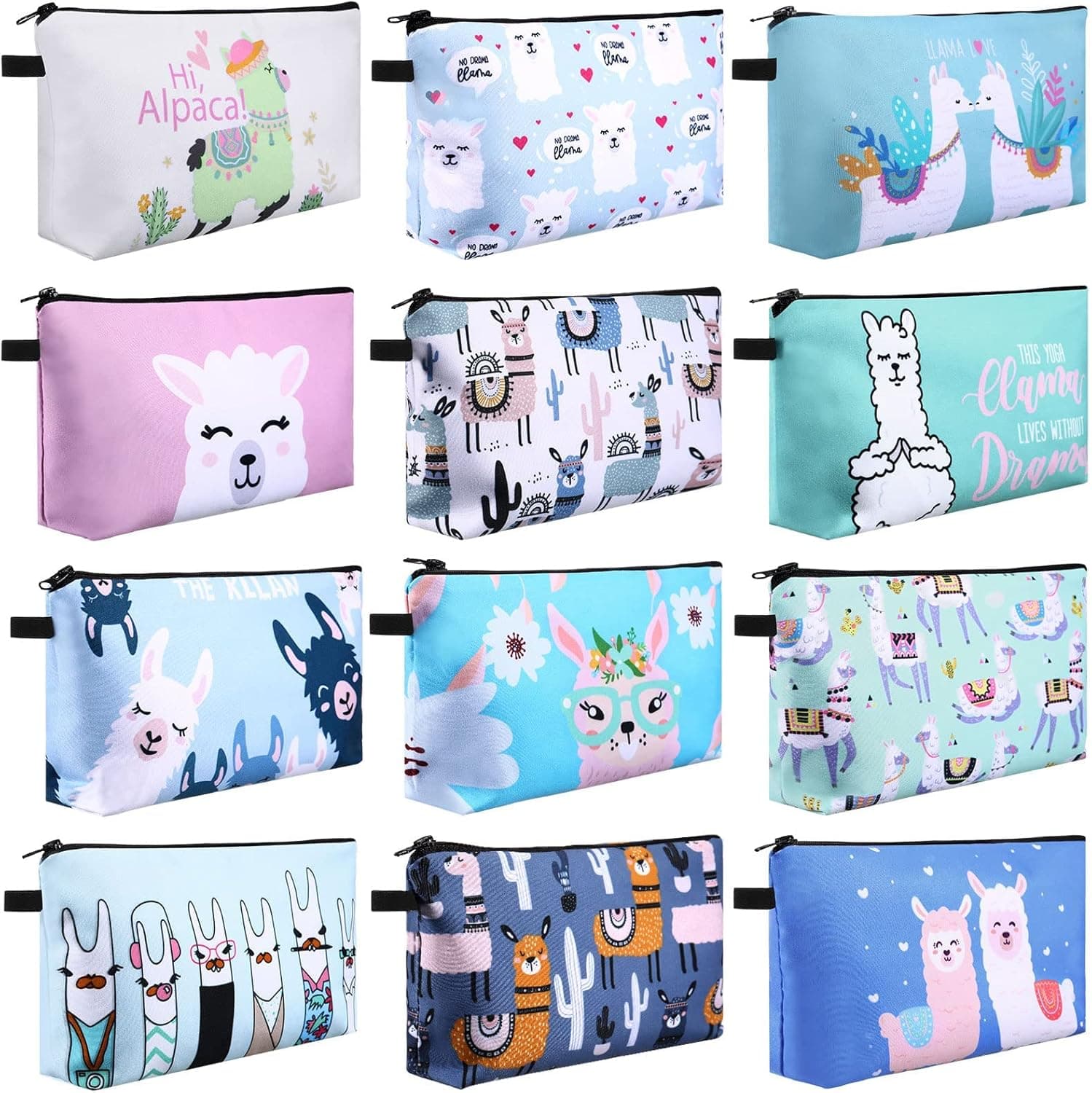Sanwuta 12 Pieces Cosmetic Bags Makeup Bags Printed Roomy Toiletry Bag Waterproof Beauty Bag Organizer Pouches with Zipper Makeup Accessories for Women Girls (Alpaca Style)