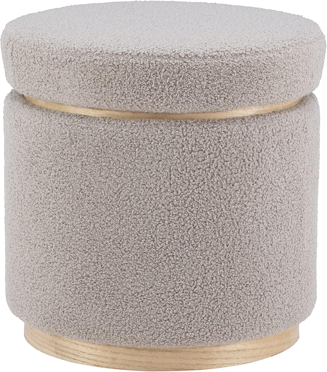 Linon Lexington Grey Sherpa Round Storage Ottoman with Wood Accent
