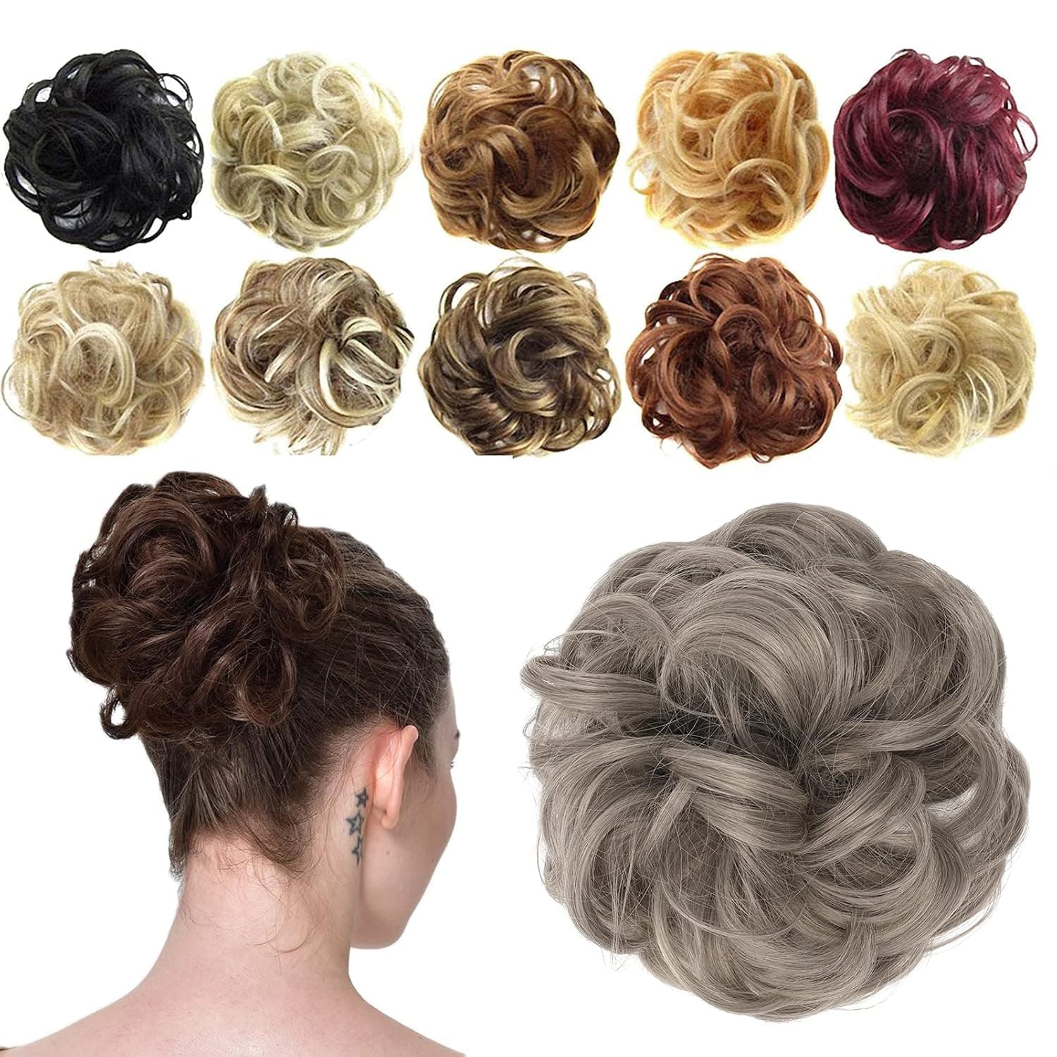 FESHFEN Messy Bun Hair Piece Hair Bun Scrunchies Synthetic Wavy Curly Chignon Ponytail Hair Extensions Thick Updo Hairpieces for Women Girls Kids 1PCS
