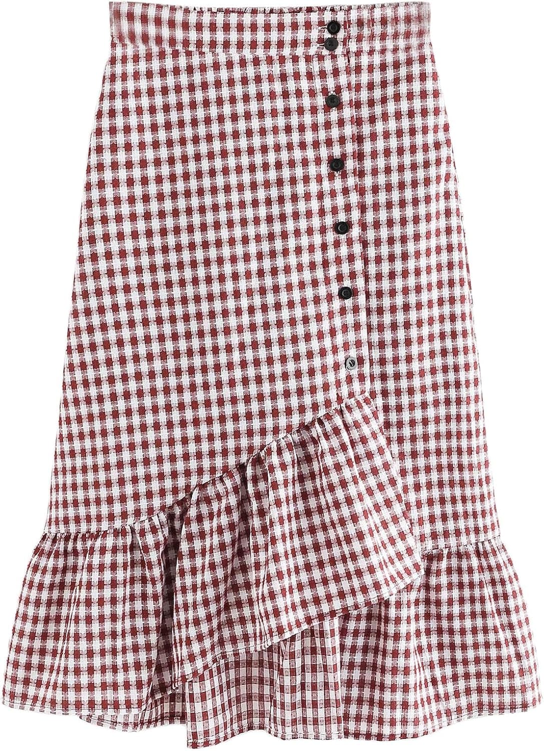SheIn Women's Casual Button Up Ruffle Hem Plaid Wrapped Work Midi Skirt X-Large Red