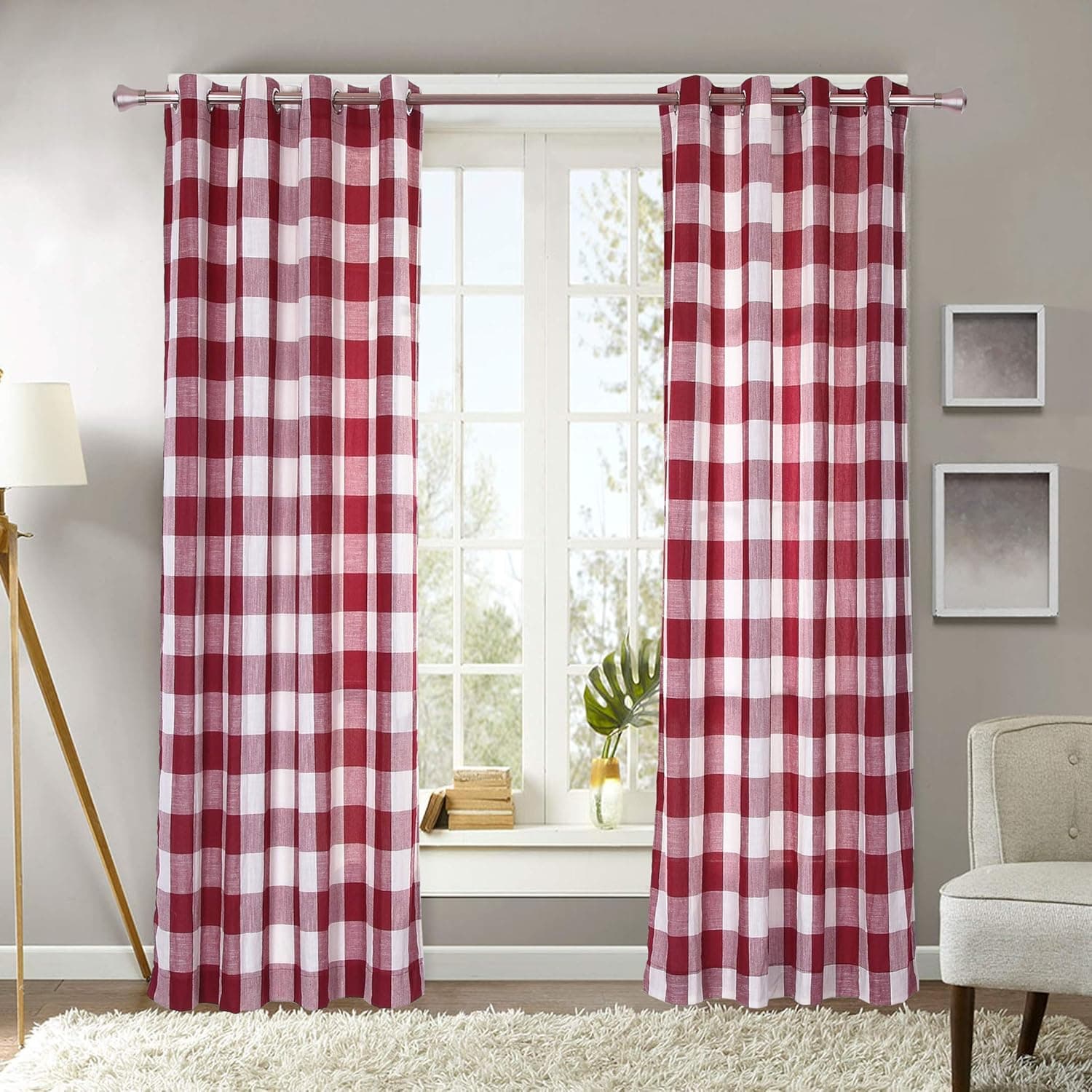 Decotex 2 Piece Courtyard Plaid Buffalo Checkered Grommet Window Curtain Treatment Panel Drapes (2 Panels 53" X 63", Burgundy/Beige)