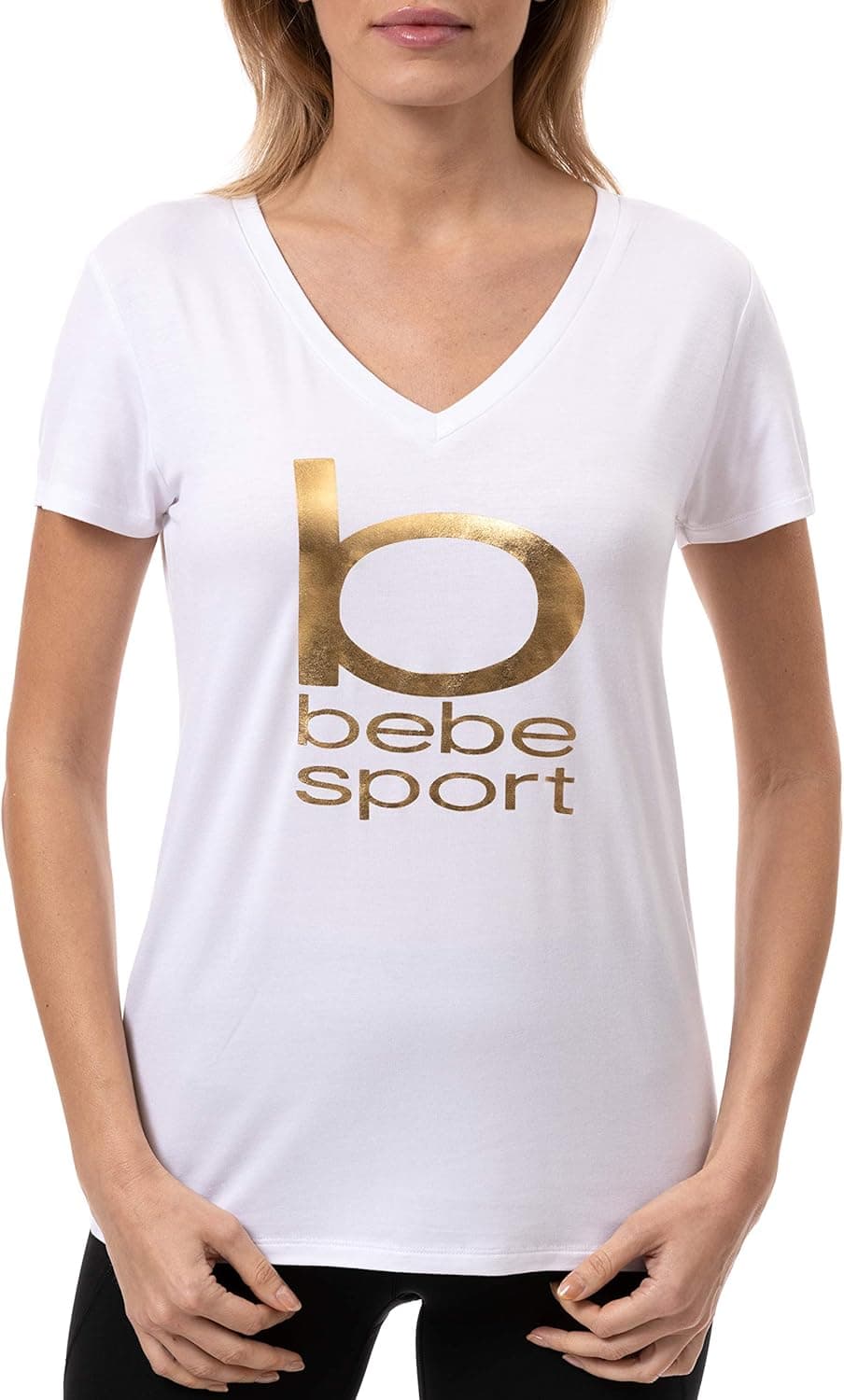 bebe Sport Women's Classic Big B V-Neck Logo Short Sleeve T Shirt