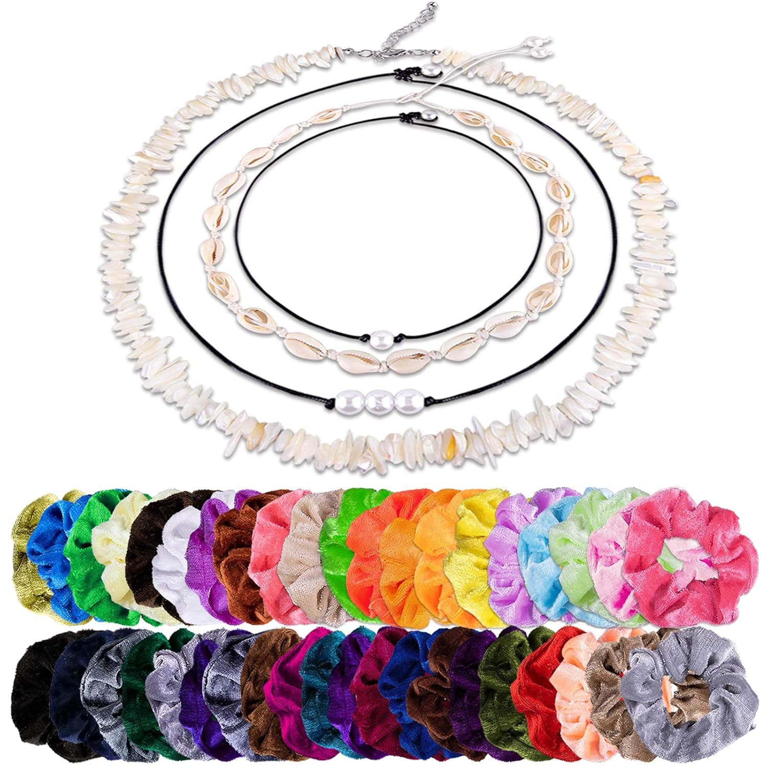 Duufin 44 Pcs Shell Necklace Choker and Scrunchies Set including 4 Pcs Shell Choker Beach Necklace and 40 Pcs Velvet Hair Scrunchies for Girls and Women