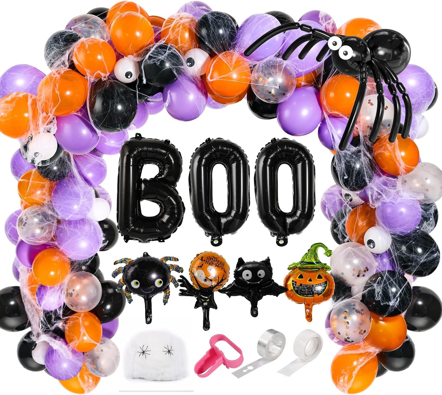 118 Pieces Halloween Balloon Arch Garland Kit, Balloon Bouquet Kit, Latex Balloons for Halloween Decorations, Balloon Tie Tools, Balloon Strip Tape, Adhesive Dots for Halloween Party
