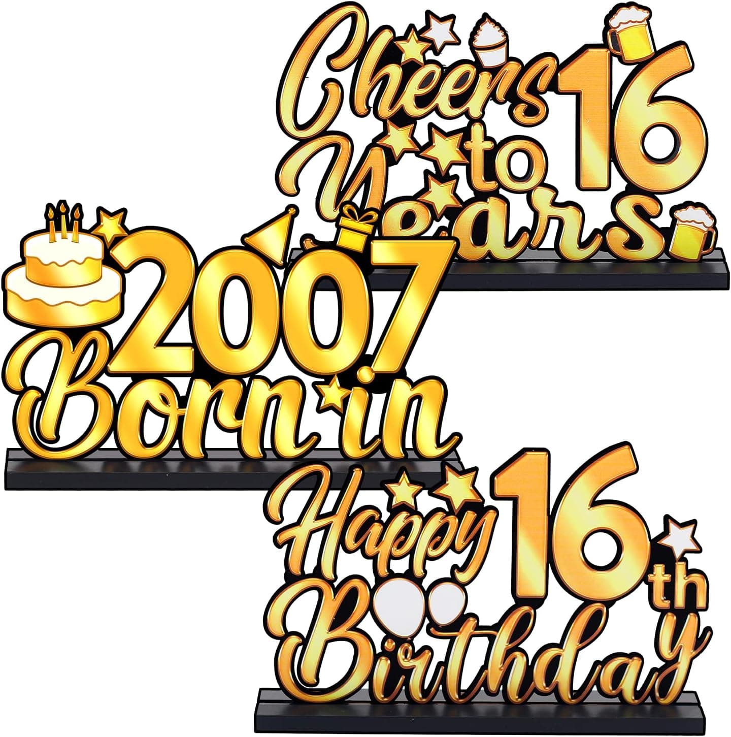 3 Pieces Happy 16th Birthday Party Table Decorations, Born in 2007, Cheer To 16 Years Table Centerpiece Sign Wooden Birthday Presents Congrats for Birthday Party Dinner Table Topper Favors