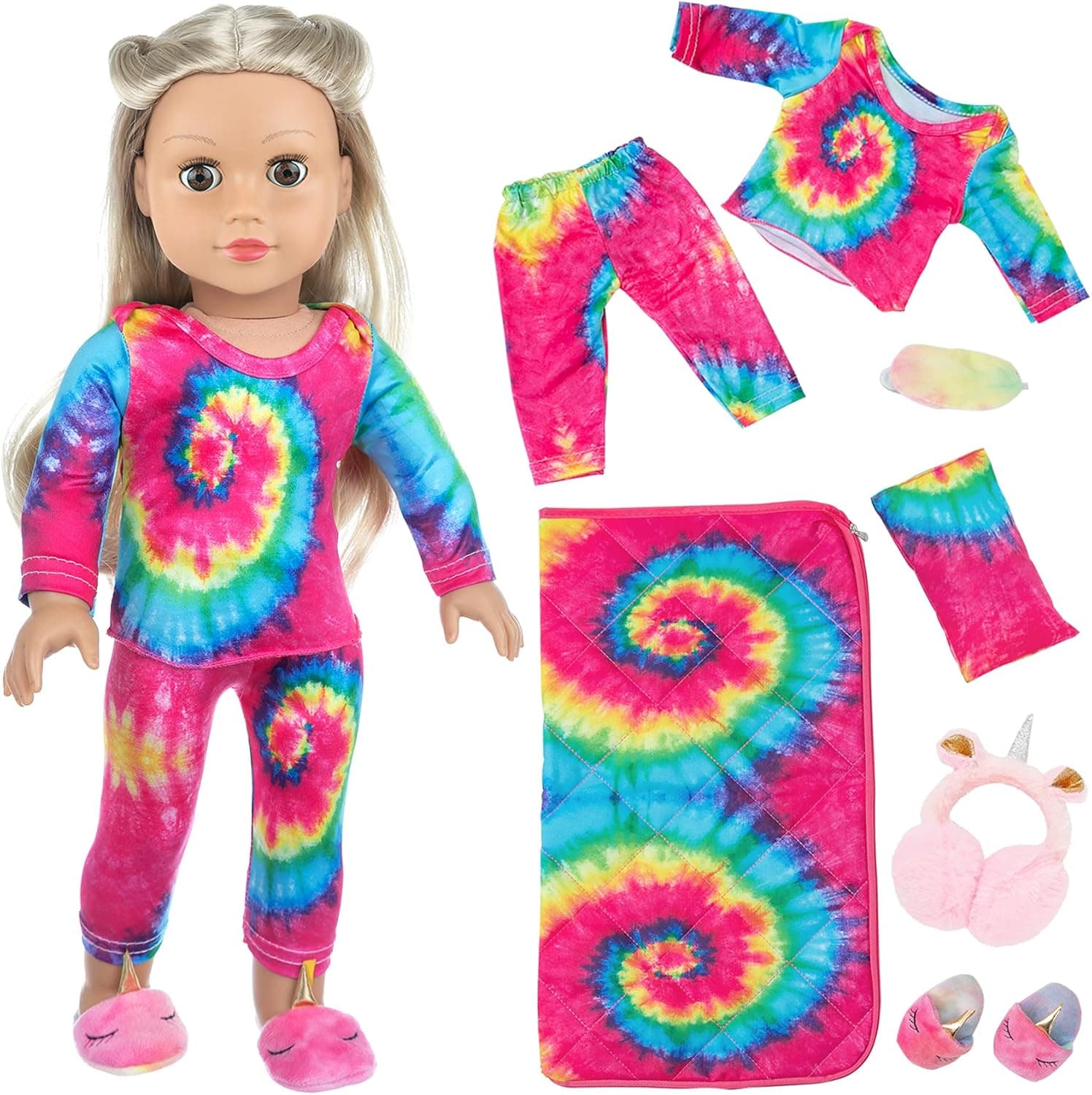 Ecore Fun 18 inch Girl Doll Clothes and Doll Sleeping Bag Accessories Set-Colorful Tie-Dyed Sleeping Bag Pajamas Eye Masks Earmuffs Pillow Fits 18 inch Doll