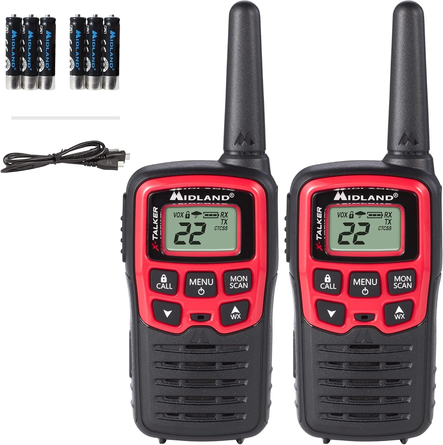 Midland - X-TALKER T31VP, 22 Channel FRS Walkie Talkies - Extended Range Two Way Radios, 38 Privacy Codes, & NOAA Weather Alert (Pair Pack) (Black/Red)