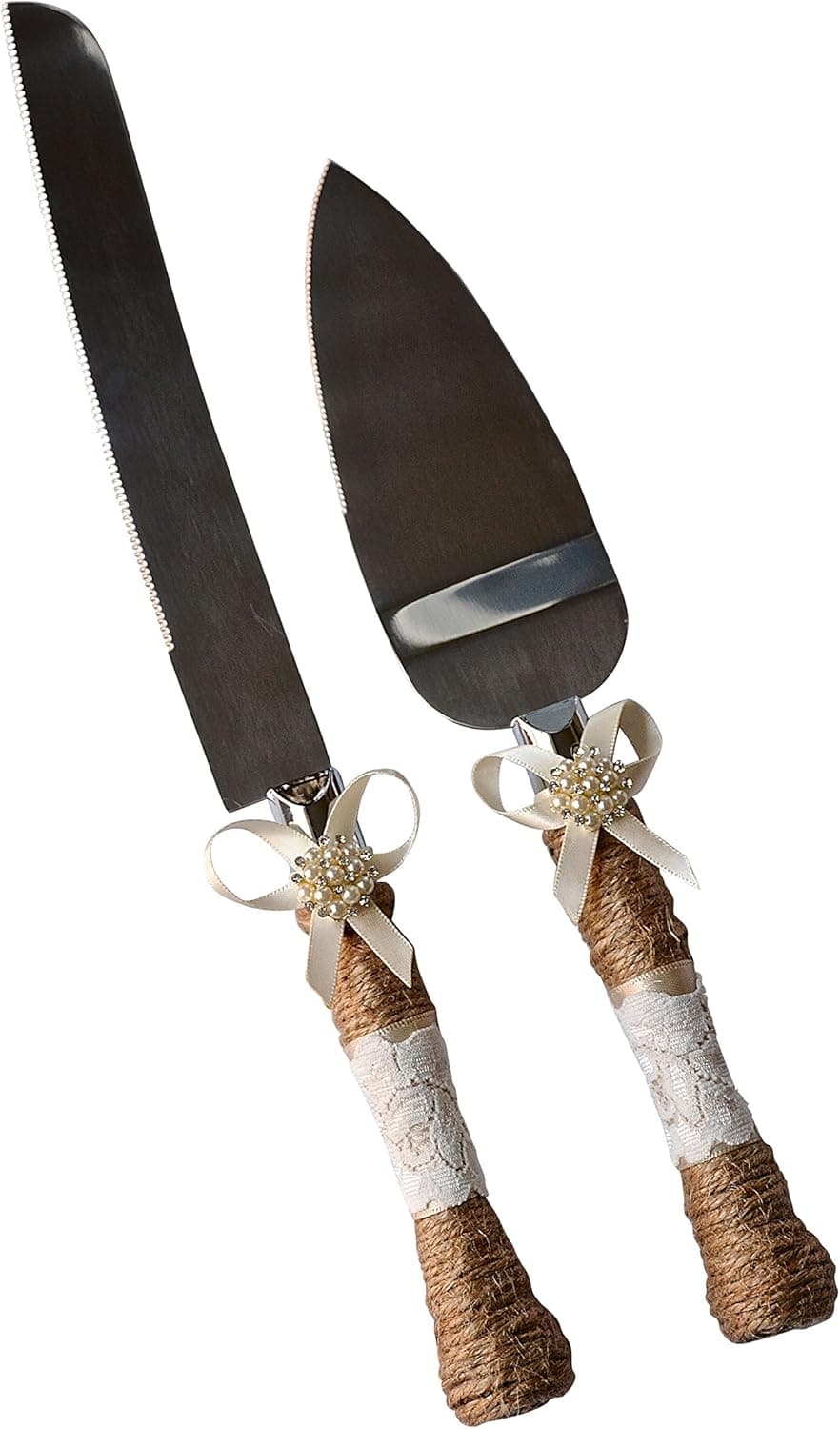 Rustic Country Wedding Burlap Twine Knife and Cake Server Set (Ivory)