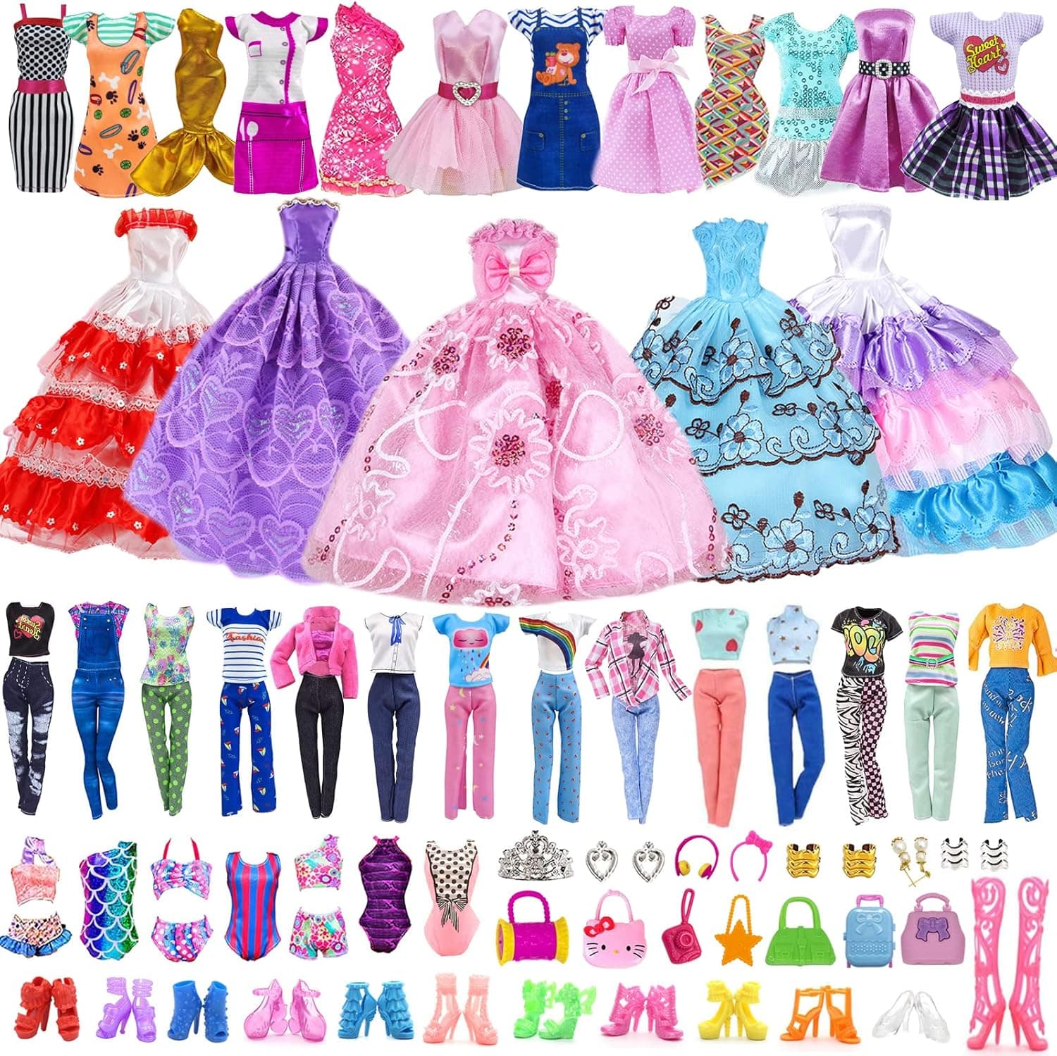 50 Pcs Doll Clothes Outfit for Barbie Doll, 11.5 Inch Doll Accessories Collection with 3 Princess Dresses+10 Dressest+6 Tops+6 Pants+5 Bikinis+5 Accessories+5 Bags+10 Shoes(Random Style)