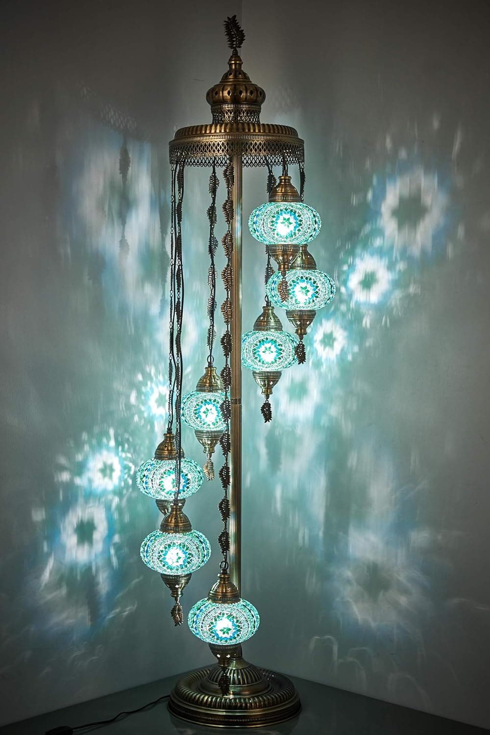 DEMMEX - 7 Big Globes Turkish Moroccan Mosaic Floor Lamp Light, Bohemian Boho Tiffany Mosaic Floor Lamp with North American Plug & Socket, 5' (Teal - Turquoise)