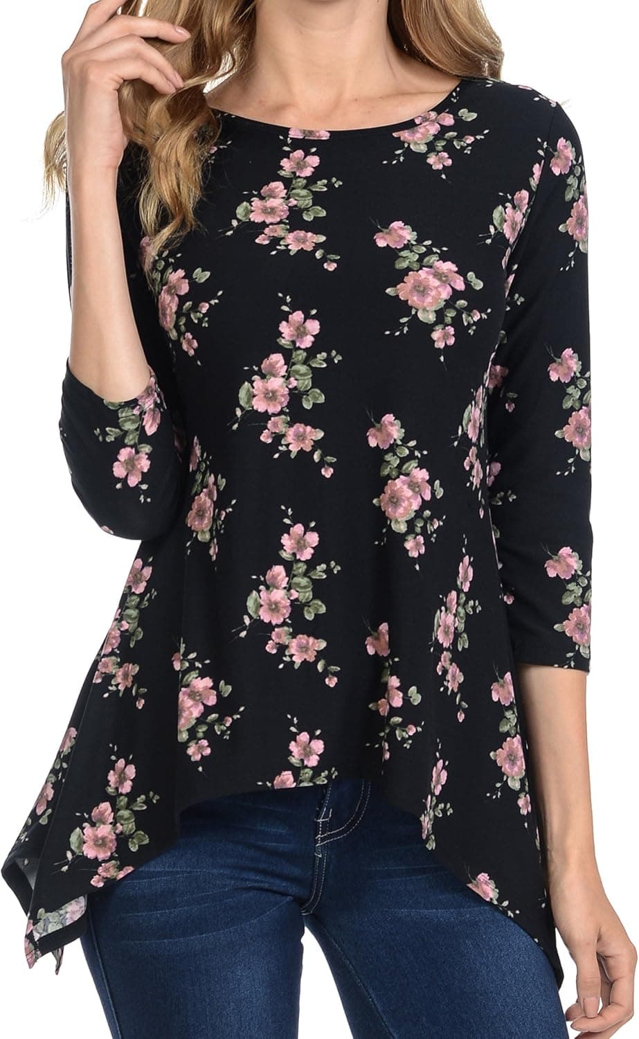 BASICO Comfy Loose Fit Long Sleeve Crew Neck Knit T-Shirt Tops Blouses (Large, UTL101- Black Pink)