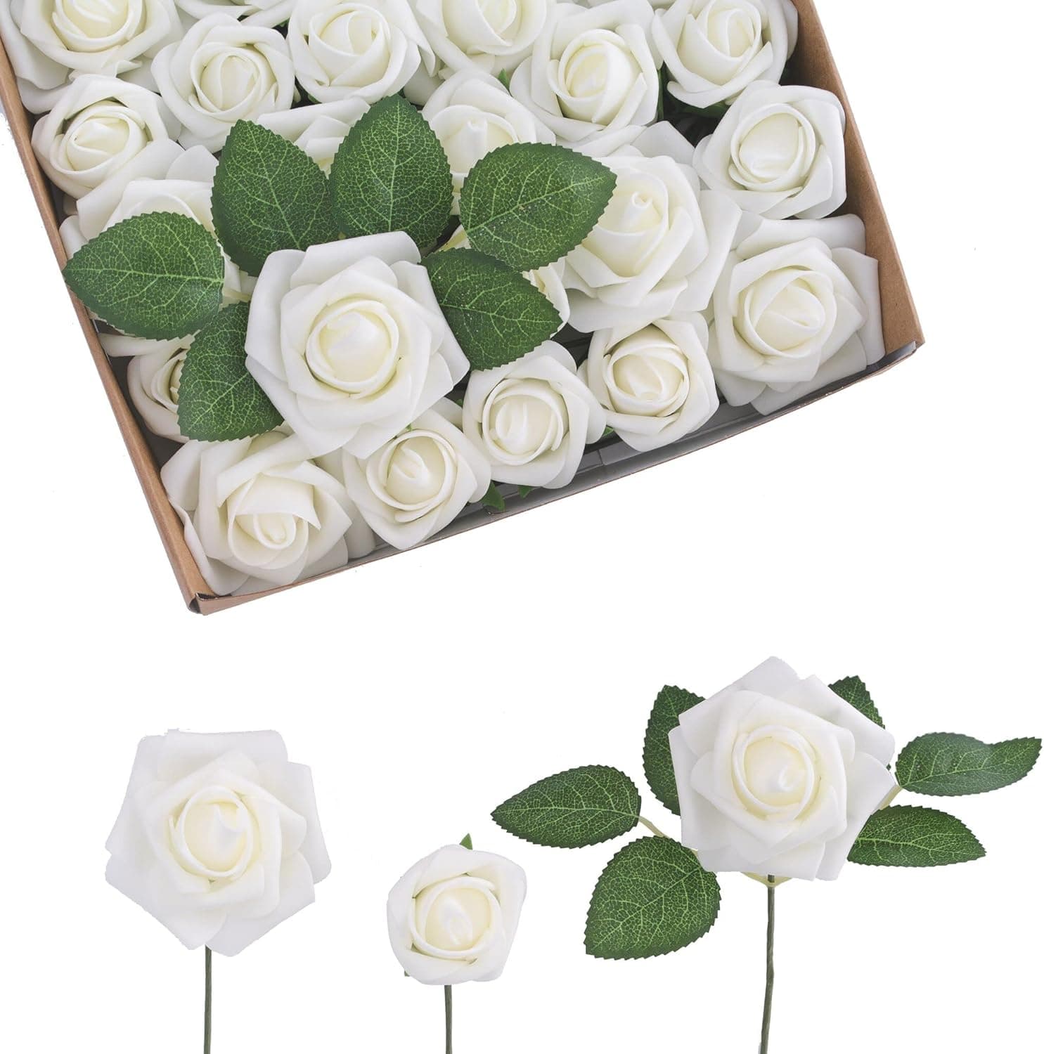 Breeze Talk Artificial Flowers Rose Buds & Small Roses w/Stem DIY Wedding Bouquets Centerpieces Arrangements Baby Shower Party Home Decorations (25pcs Ivory)