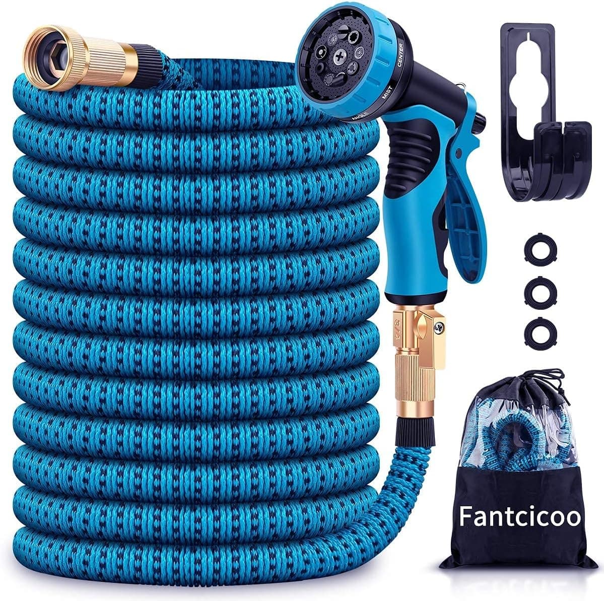 Expandable Garden Hose 25ft, Water Hose with 9 Function Nozzle, Durable 3-Layers Latex, 3/4" Solid Brass Connectors, 3750D Fabric Kink Free Flexible Garden Hoses (Blue and Black, 25 FT)