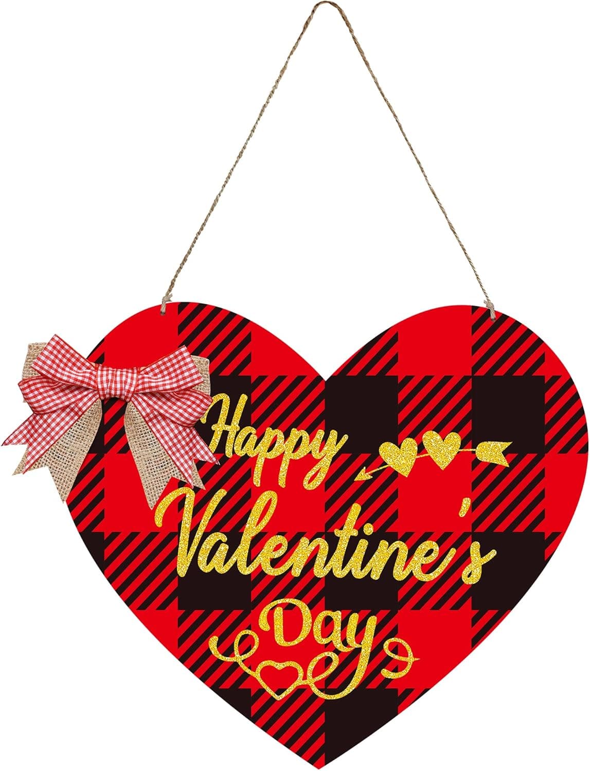 Happy Valentine's Day Door Sign, Wooden Red and Black Buffalo Plaid Hanging Sign, Valentines Day Heart Shaped Door Hanger Glitter Door Wreath For Front Door Farmhouse Valentines Day Decorations