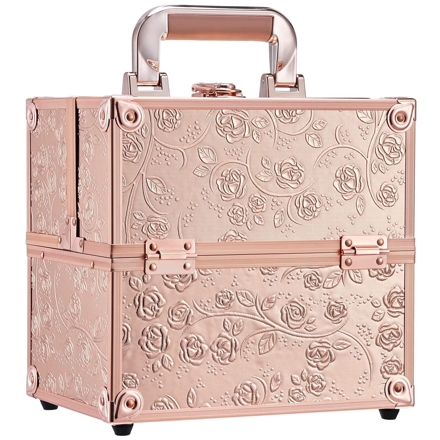FRENESSA Makeup Train Case Cosmetic Box Portable Makeup Case Organizer 4 Trays Travel Case Storage with Dividers Lockable for Makeup Artist, Crafter, Makeup Tools Rose Gold Floral