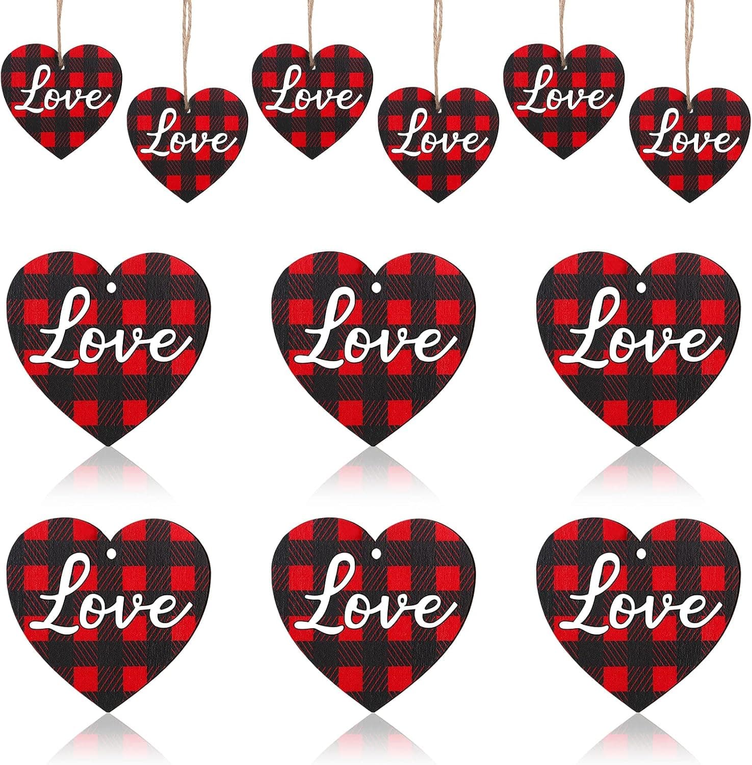 12 Pieces Valentine's Day Heart Wooden Ornaments Wooden Heart Shaped Embellishments Red Black Buffalo PlaidWood Hanging Slices with Twine for Valentine's Day Wedding Party Decorations