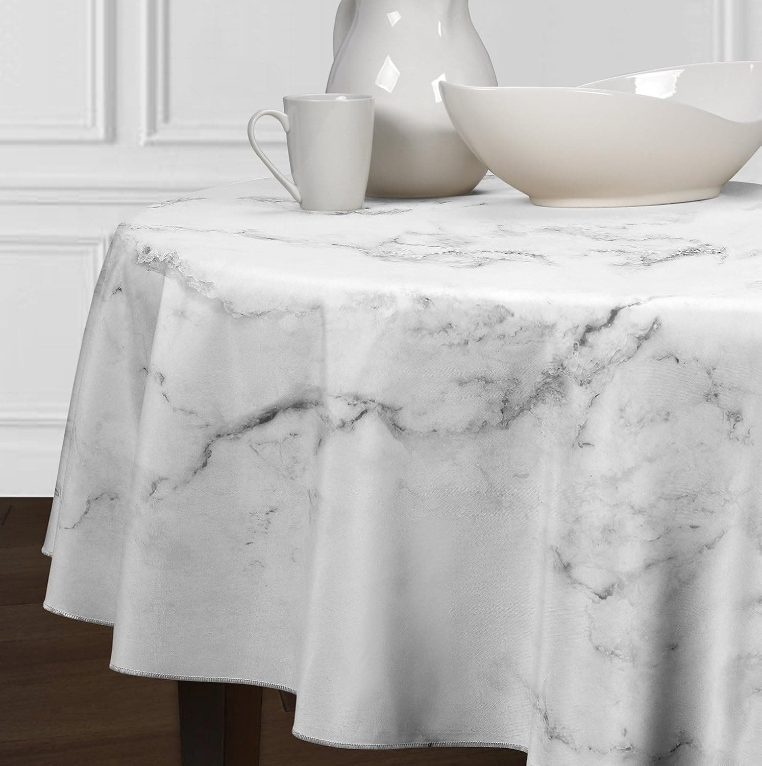 A LuxeHome Black Grey and White Modern Contemporary Marble Tablecloths Dining Room Kitchen Round 72"