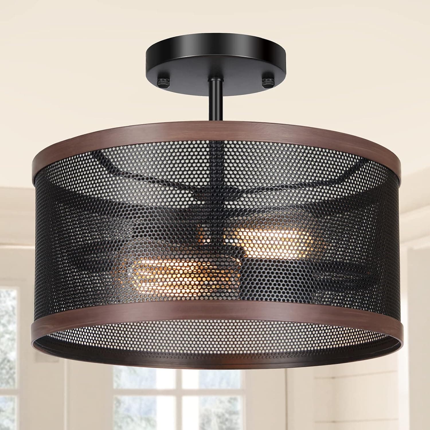 Industrial Ceiling Light Fixture, 2-Light Farmhouse Semi Flush Mount Ceiling Light, Rustic Metal Drum Mesh Cage Shade, Retro Close to Ceiling Lighting for Kitchen Dining Room Hallway Entryway