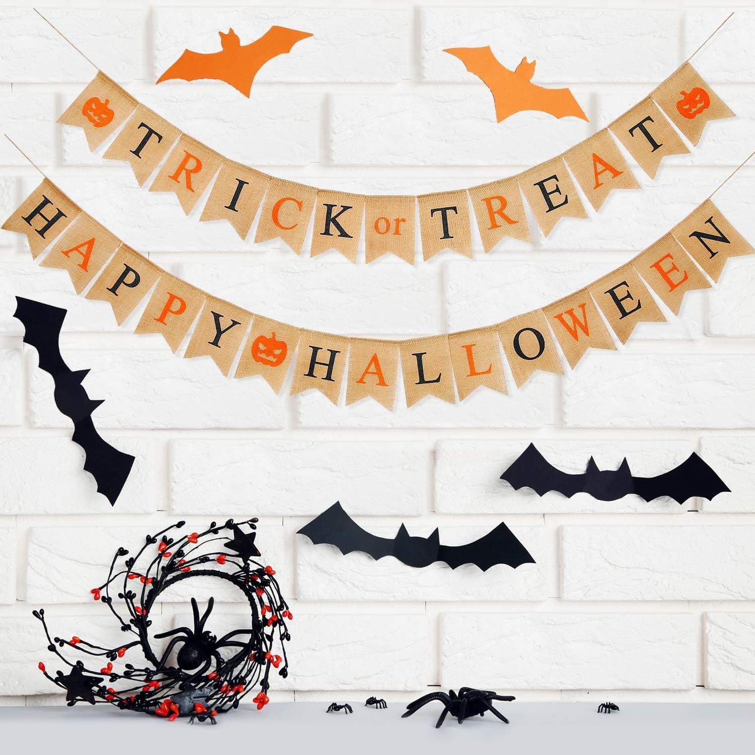 2 Sets Happy Halloween Burlap Banner Trick or Treat Burlap Banner Pumpkin Printed Buntings for Rustic Halloween Decor Halloween Party Decorations Supplies