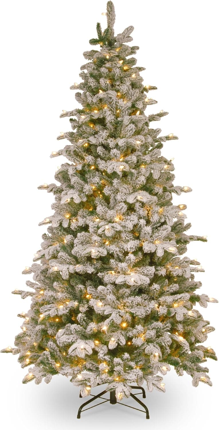 National Tree 7.5 Foot "Feel Real" Snowy Everest Fir Medium Tree with 450 Clear Lights, Hinged (PEV3-311-75)