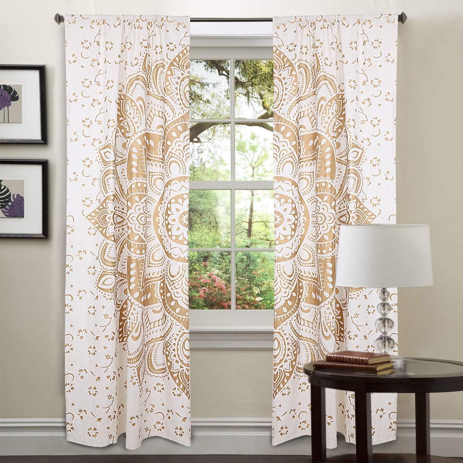 RATANA Indian Beautiful Gold Flowr Ombre Mandala Tapestry Curtains, Boho Curtains, Tapestry Drapes, Mandala Wall Hanging, Indian Curtains Mandala Window Treatment Door Hanging