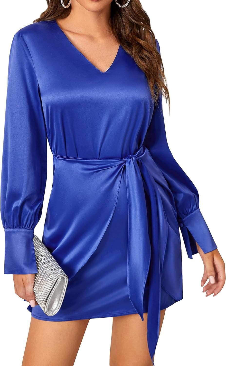 Esobo Women's Casual Satin Dresses Long Sleeve V Neck Ruched Wrap Tie Waist Club Party Cocktail Mini Dress