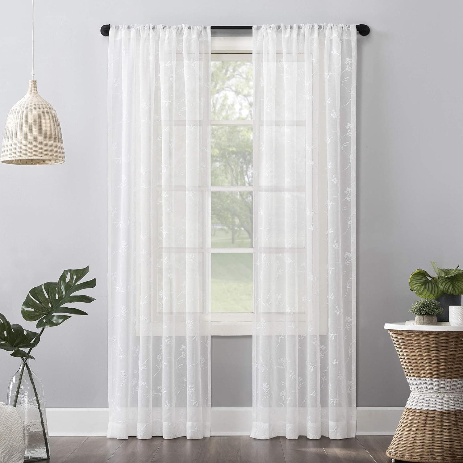 No. 918 Delia Embroidered Floral Sheer Rod Pocket Curtain Panel, 50" x 63", Ivory Off-White