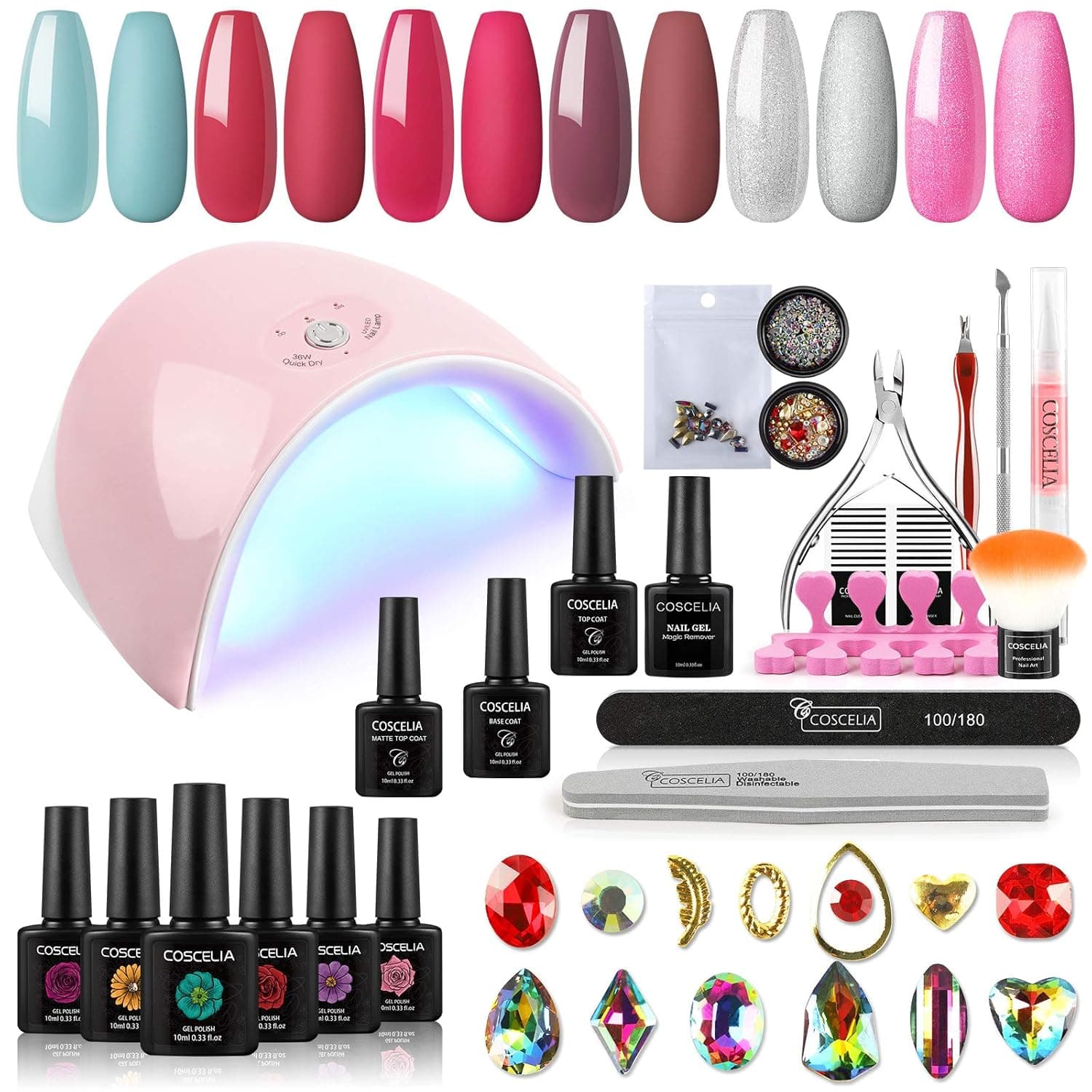 Gel Nail Polish Kit with 36W U V Light 6 Colors Gel with Nail Polish Remover Base Coat Matte Glossy Top Coat Gel Nail Art Tool Manicure 10ml 0.33fl oz for Each Bottle