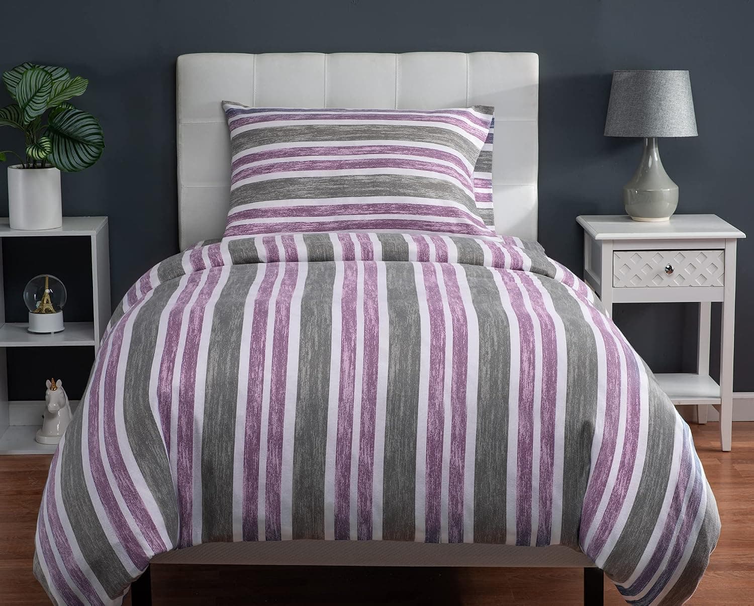 XLNT Twin Size Bedding | Duvet Cover | 6 Piece Set | Comforter Cover | Bed Sheet | Pillow Cover | Soft Cotton Blend | Machine Washable | Designed | Cabana Stripe Lilac