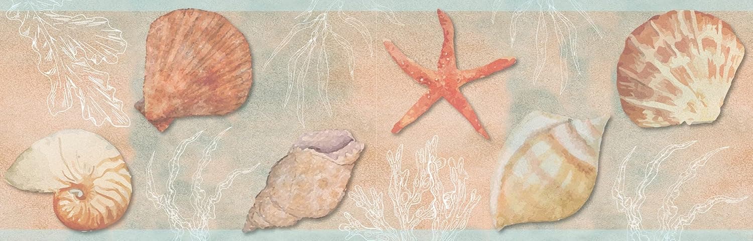 Grace & Gardenia GB10021 Seashells Peel and Stick Wallpaper Border 10in Height x 15ft Light Green Pink Orange Designs
