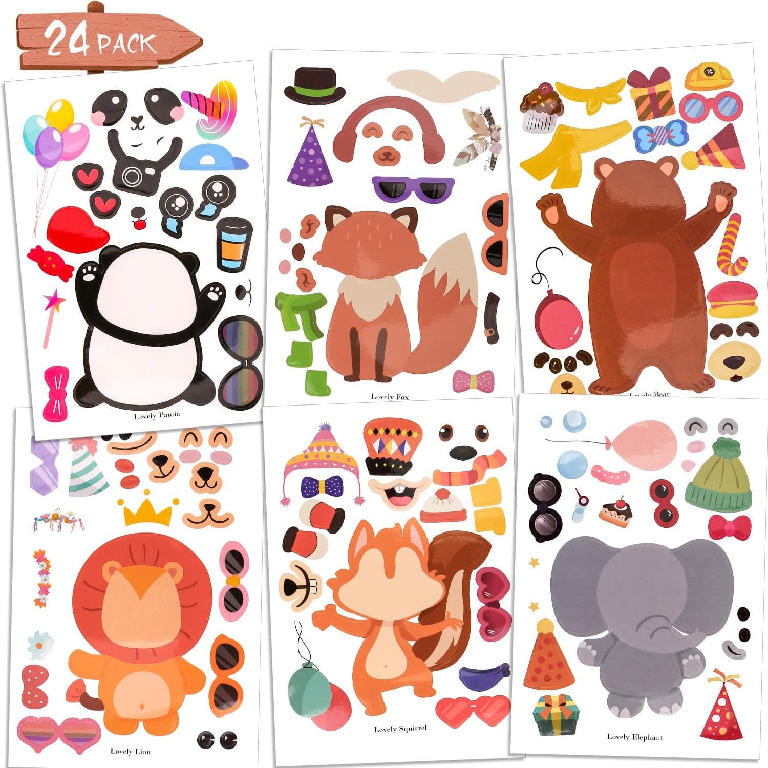 Konsait 24Pack Make-an-Animal Stickers Sheets,Make Your Own Sticker Safari Animal Sticker Zoo Birthday Party Favors Crafts Supplies