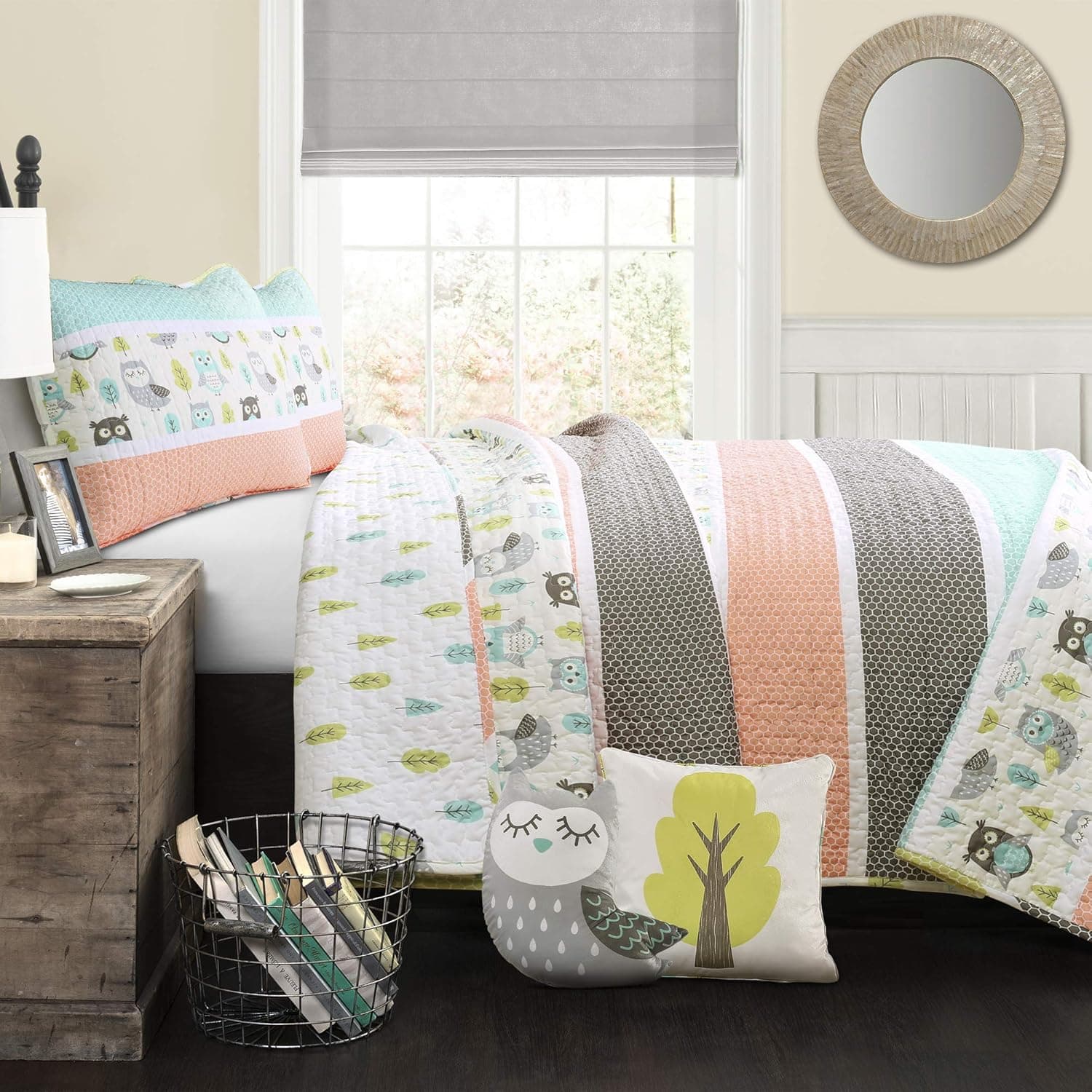 Lush Decor, Twin, Coral & Turquoise Owl Stripe 4 Piece Quilt Set