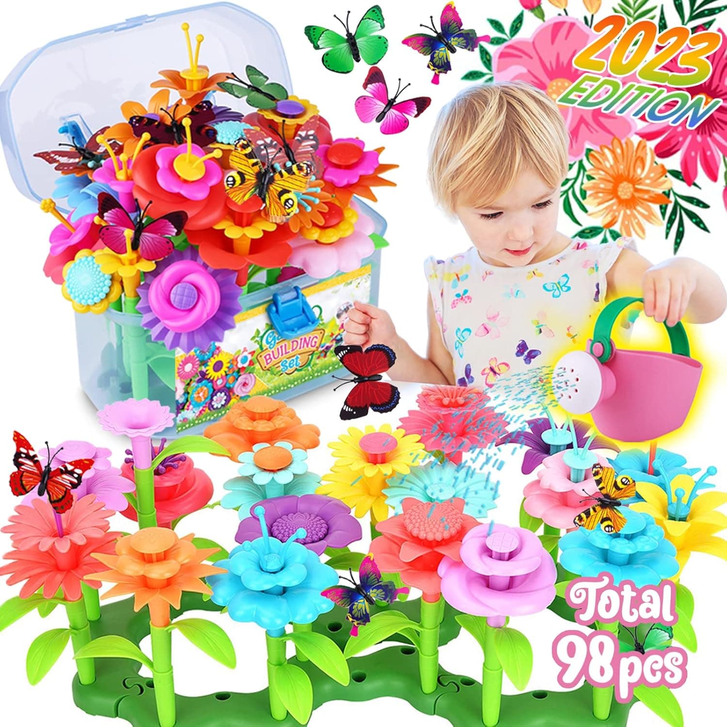 Innorock Flower Garden Building Toys with Portable Storage Box - Flower Stacking Toys for Toddlers, Preschool Learning Activities, Craft Kits, Birthday Gifts for Girls 3 4 5 6 7 8 Year Old Girl Gift