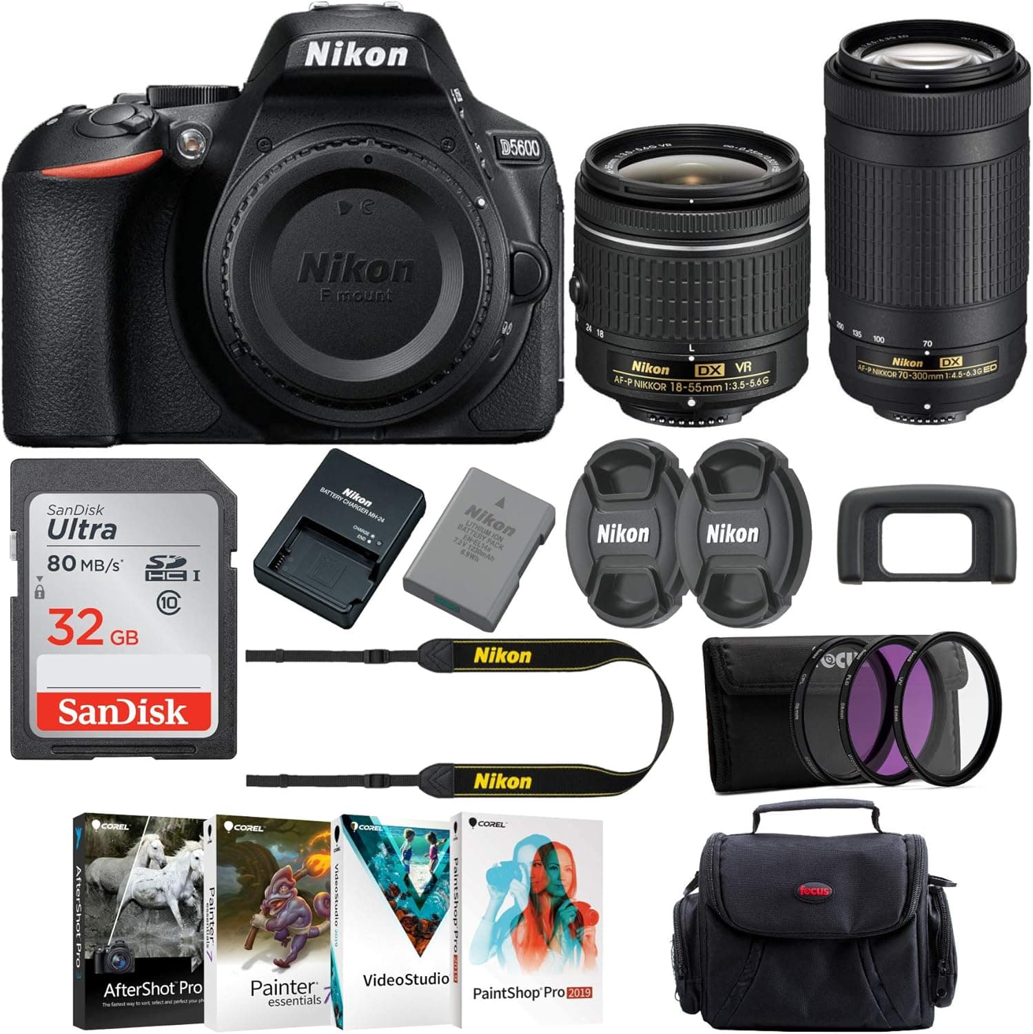 Nikon D5600 DSLR Camera with 18-55mm and 70-300mm Lenses Bundle with 32GB Card and Camera Accessories (6 Items)