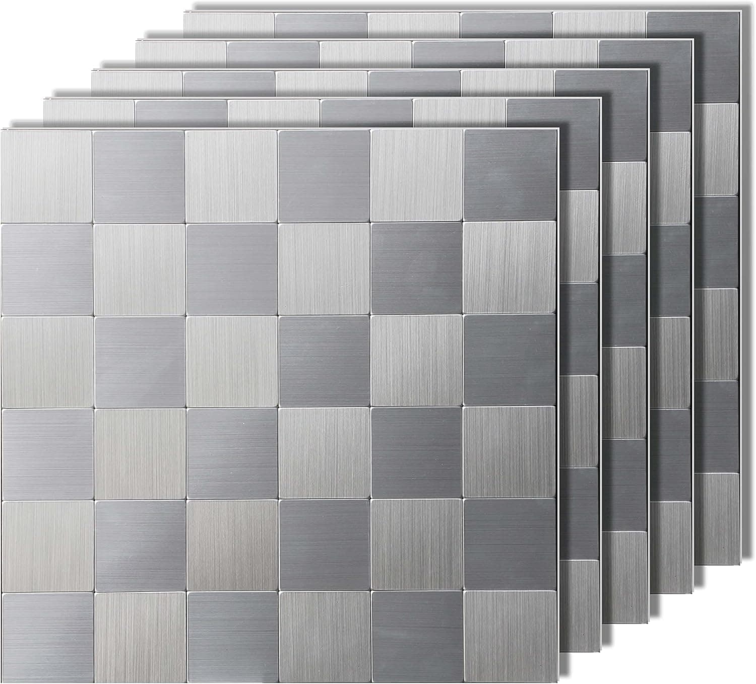 Colamo 5pack Peel and Stick Square Metal Mosaic 3D Backsplash Tile,12"x12" Sliver Aluminum Sticky Tile Sticker,Self-Adhesive Stainless Steel Stick On Wall Tiles for Kitchen Bathroom Accent Wall Decor