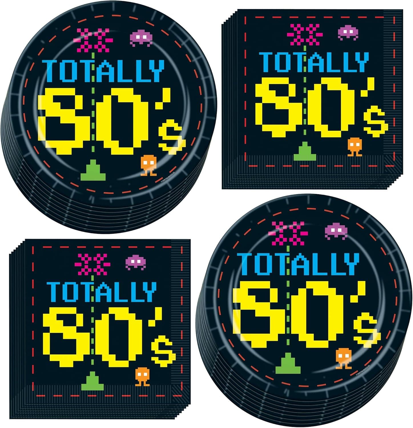 80's Pixelated Arcade Paper Dinner Plates and Luncheon Napkins (Serves 16)