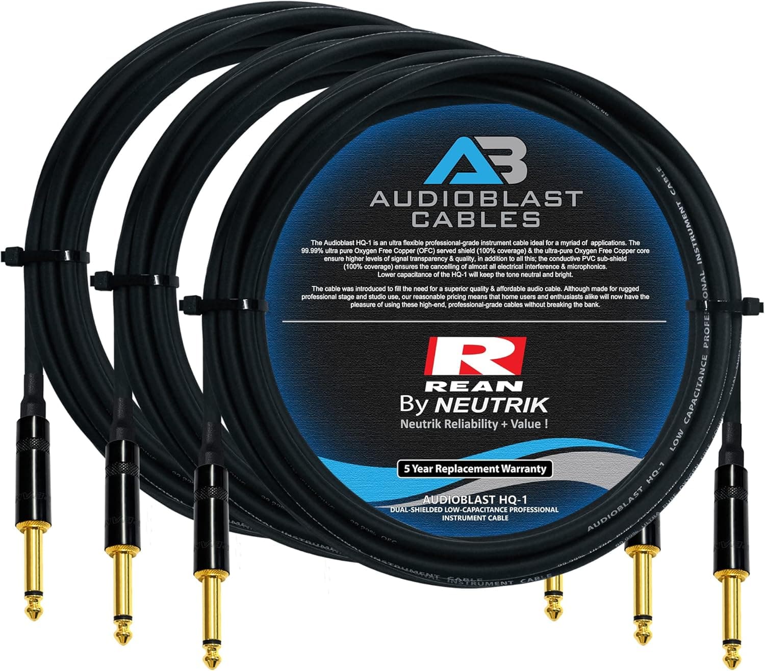 Audioblast - 3 Units - 10 Foot - HQ-1 - Ultra Flexible - Dual Shielded (100%) - Guitar Instrument Effects Pedal Patch Cable w/Neutrik-Rean NYS224BG Gold ¼ inch (6.35mm) TS Plugs & Triple Boots