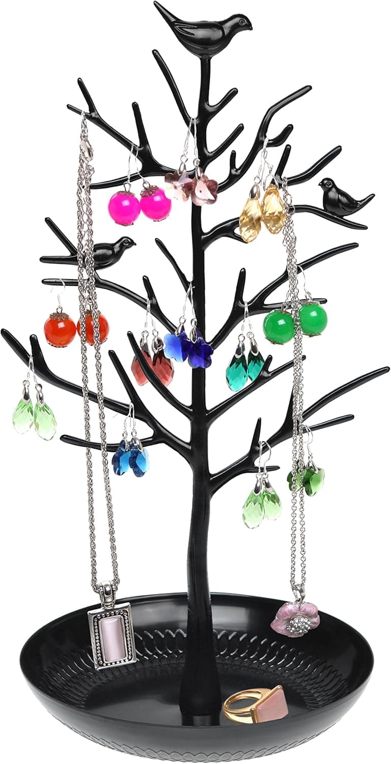 Black Metal Bird & Tree Design Freestanding Jewelry Organizer / Necklace, Bracelet & Ring Tree w/ Tray