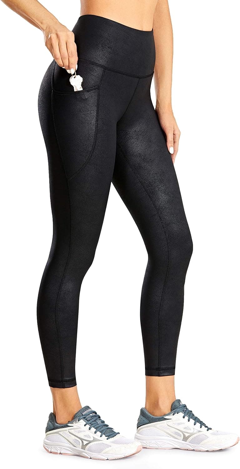 CRZ YOGA Women's Faux Leather Workout Leggings 23 Inches - High Waisted Yoga Pants Stretchy Capris with Pockets