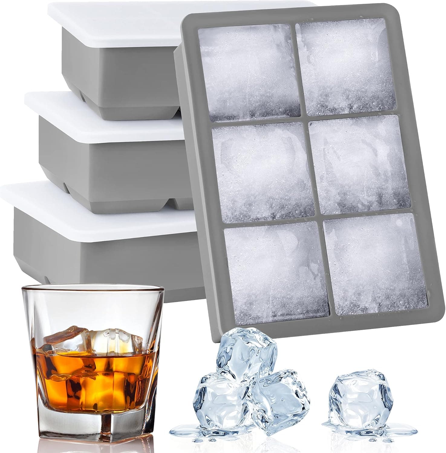 Kootek Large Ice Cube Trays for Cocktails 4 Pack - Silicone Ice Cube Mold for Whiskey, Easy Release Reusable Molds with Removable Lids for Making 24 Pcs Large Ice Cubes (Grey)