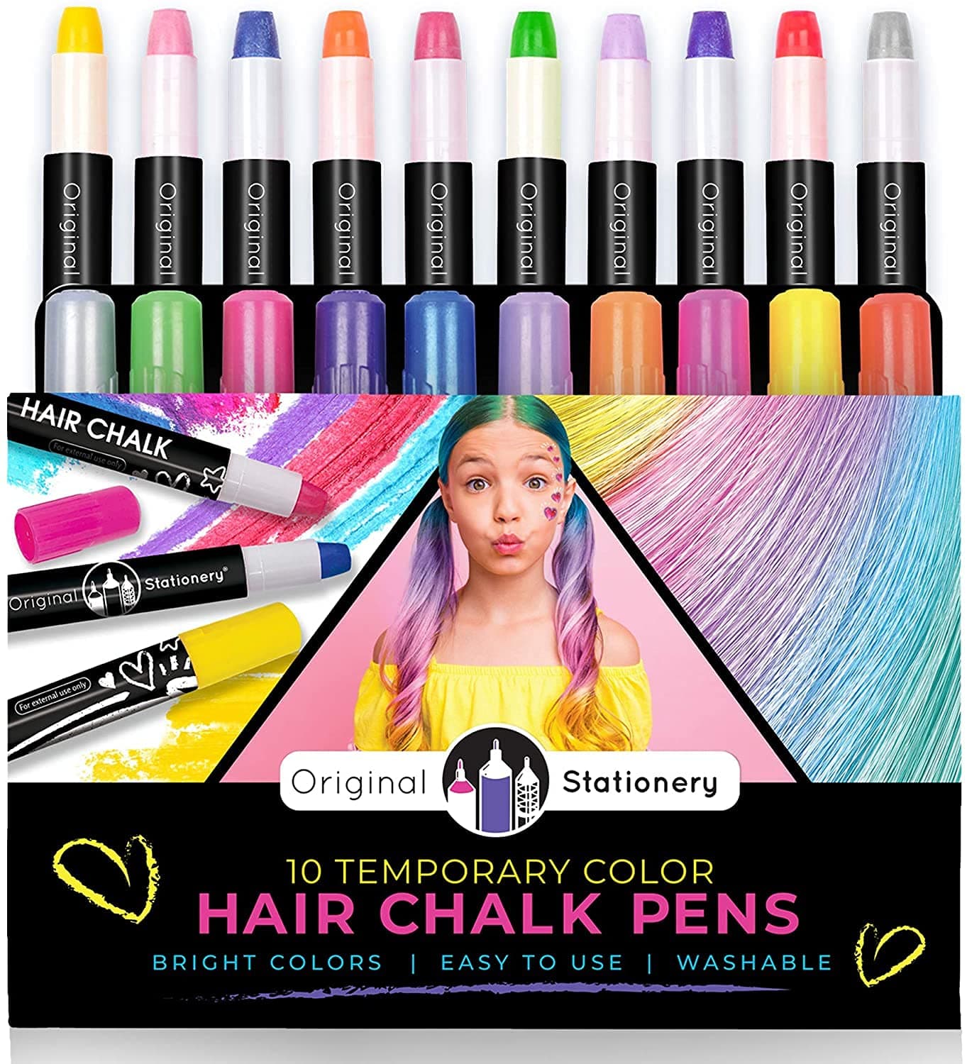 Original Stationery Hair Chalks Set for Girls, 10-Piece Easy to Use Temporary Hair Chalk Colors for Hours of Creative Fun, Fabulous Toy for Girls