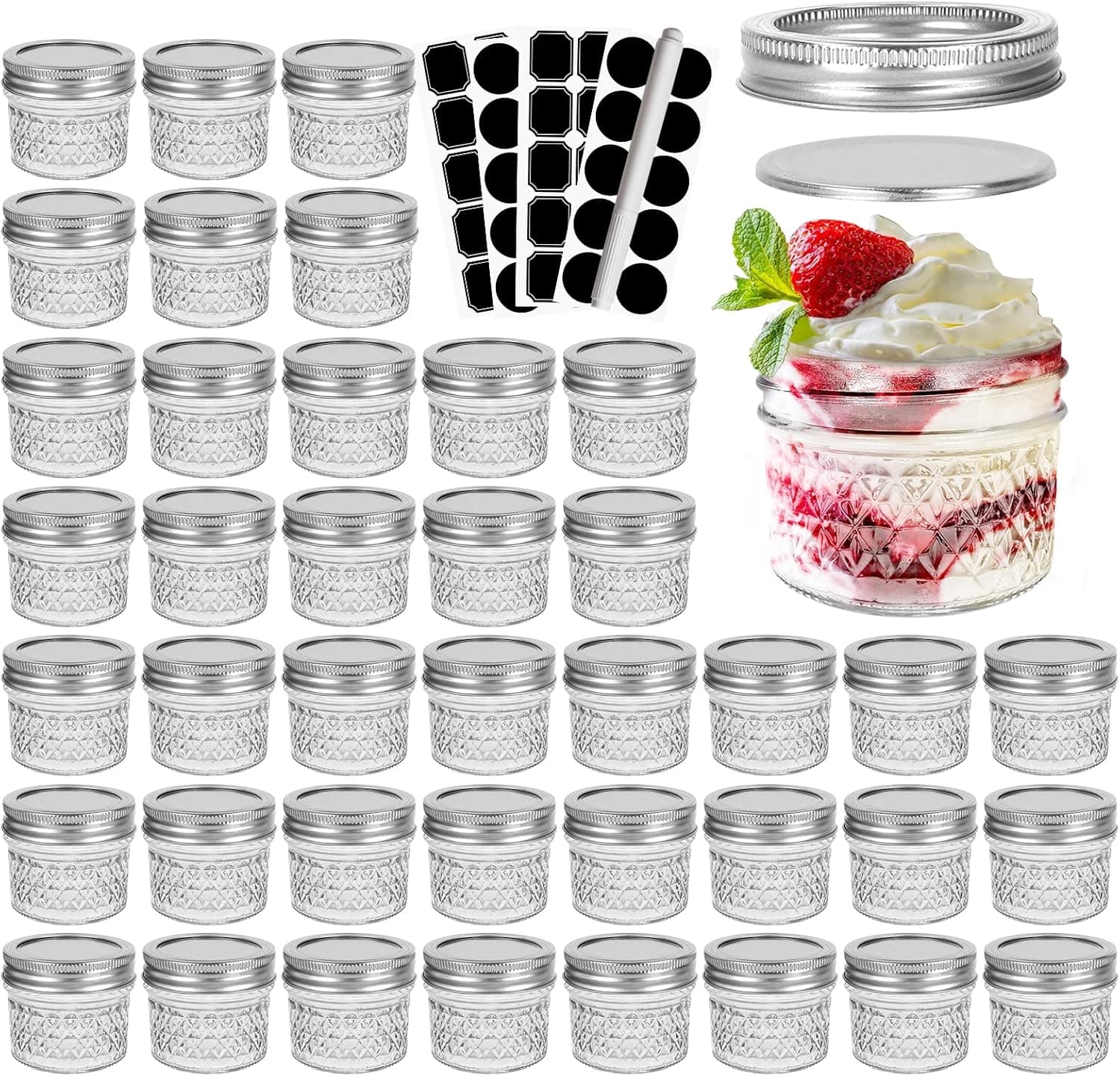 CycleMore 4 oz 40 Pcs 100ml 4oz Clear Glass Mini Mason Jars With Silver Separable Lids and Diamond appearance, Small Mason Jars Round Canning Jars Spice Jars for Honey, Jam, Jelly, Wedding Favors, Kitchen Food Storage