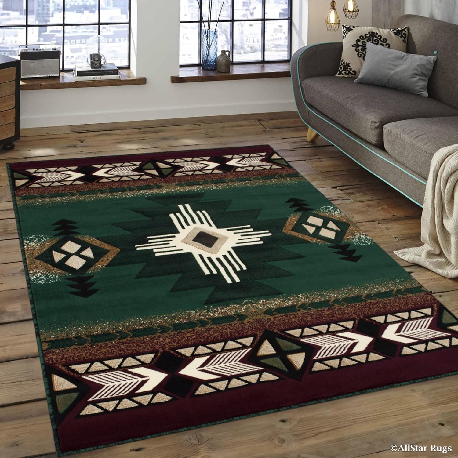 Allstar 8x10 Hunter Green and Burgundy Navajo Machine Carved Effect Rectangular Accent Rug with Ivory and Beige SouthWestren Medallion Design (7' 9" x 10' 1")
