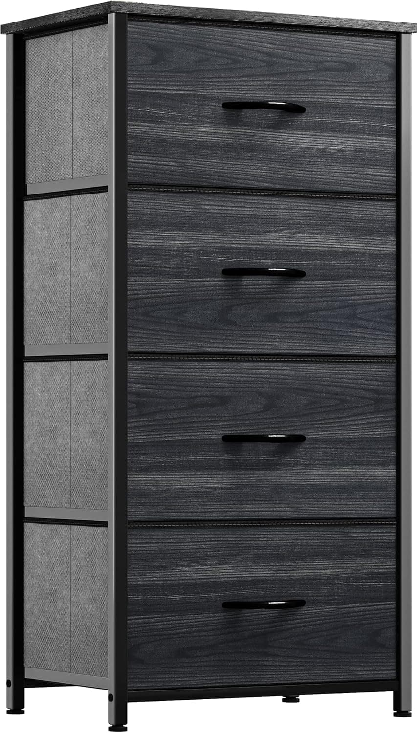 YITAHOME Dresser with 4 Drawers - Fabric Storage Tower, Organizer Unit for Bedroom, Hallway, Closets & Nursery - Sturdy Steel Frame, Wooden Top & Easy Pull Fabric Bins (Charcoal Black Wood Grain)