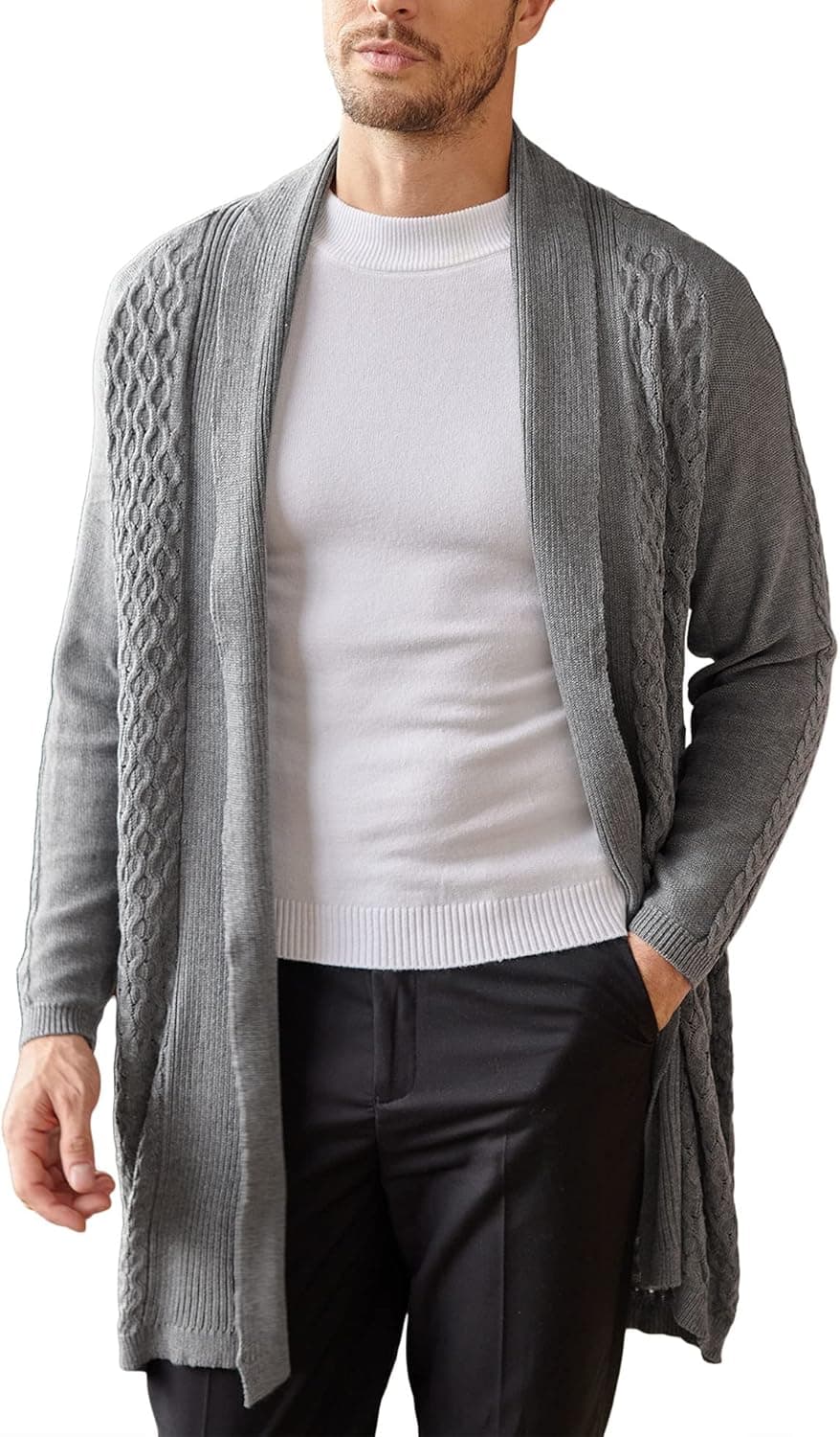 COOFANDY Men's Shawl Long Cardigan Sweater Lightweight Slim Fit Knit Open Front Cardigans