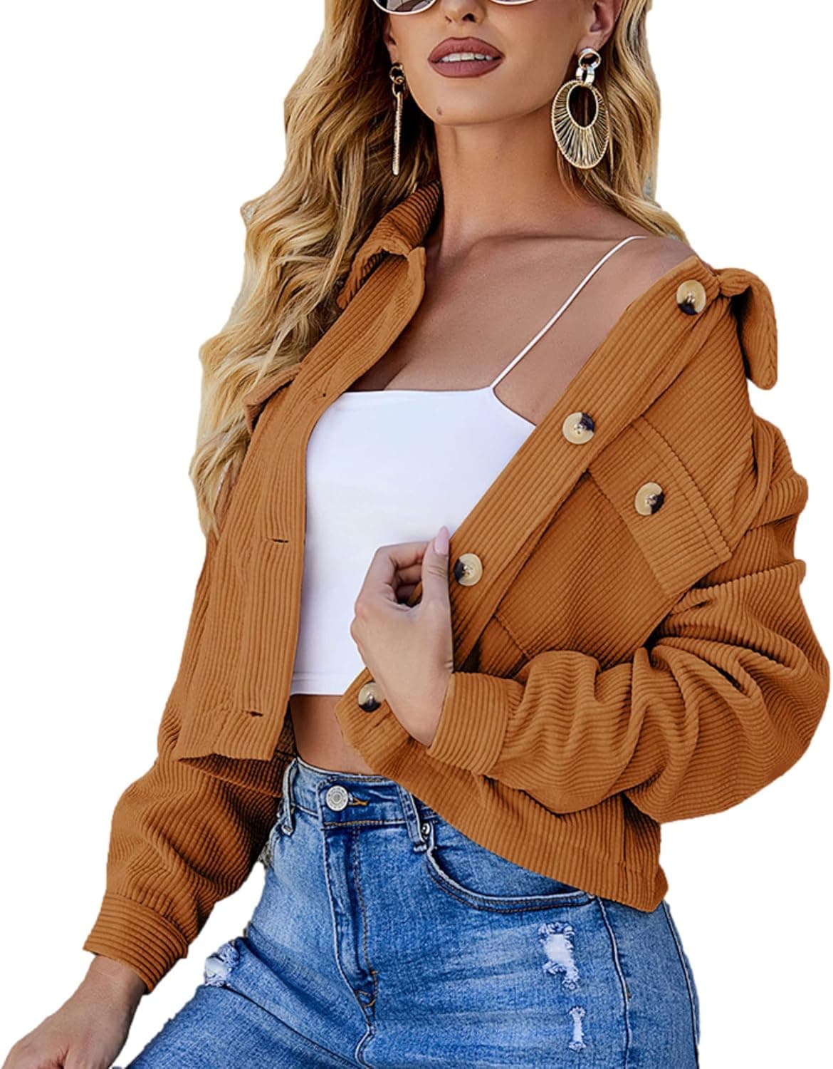 Zontroldy Womens Fashion Cropped Corduroy Plaid Shacket Jacket Button Down Long Sleeve Crop Shirts Jackets Tops
