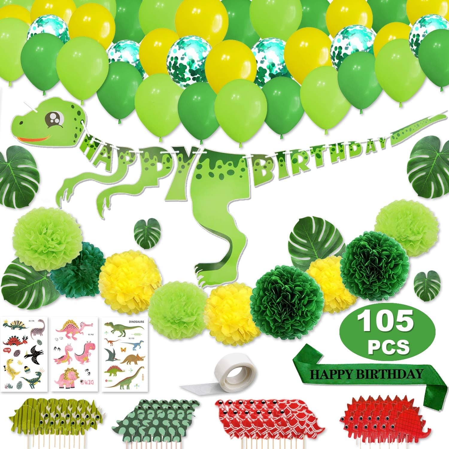 Dinosaur Party Supplies Birthday Little Dino Decorations Set Kit for Boys Kids Toddlers Baby Shower, Dino Theme Party Favors Decor Pack, Latex Foil Balloons, Tattoo Sticker 105 Pack