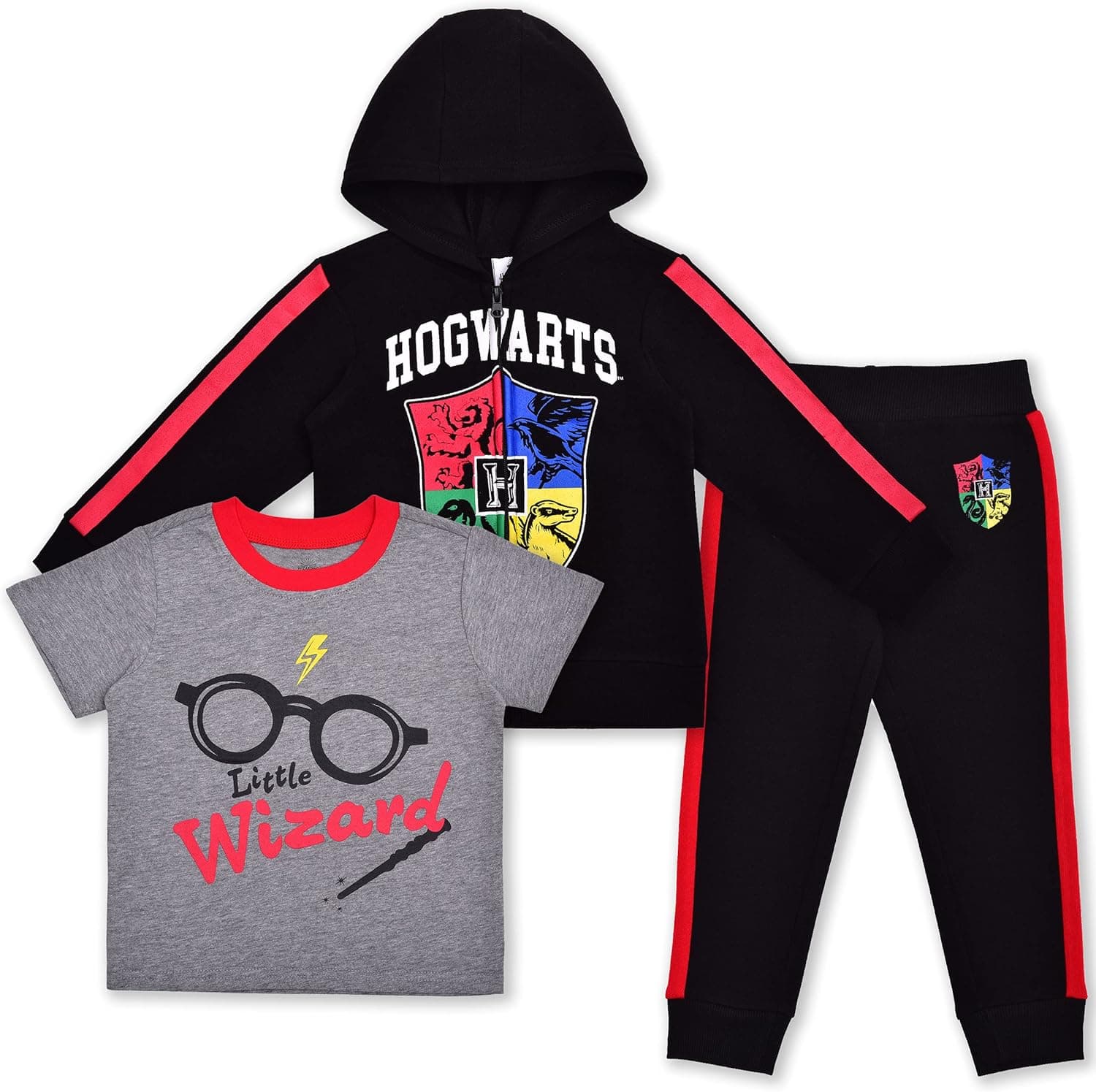 WARNER BROS Harry Potter Zip Up Hoodie, T-Shirt and Jogger Sweatpants Set for Toddler Boy and Little Boys – Black/Grey/Red