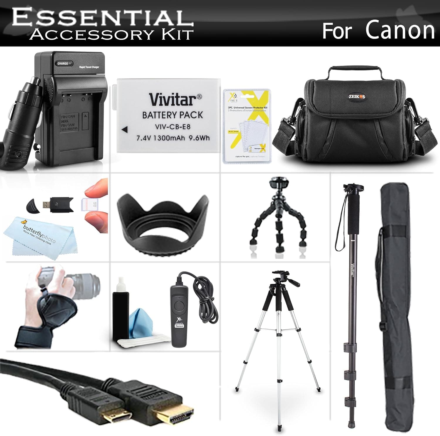 Essential Accessory Kit for Canon EOS Rebel T5i, T4i, T3i Digital SLR Camera Includes Replacement LP-E8 Battery + Charger + Case + Remote Switch + 57 Tripod + 10 Flexible Tripod + 67 Monopod + More